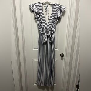 Shop 17 Striped Jumper Wide Leg V Neck White And Gray/blue NWT Size Large